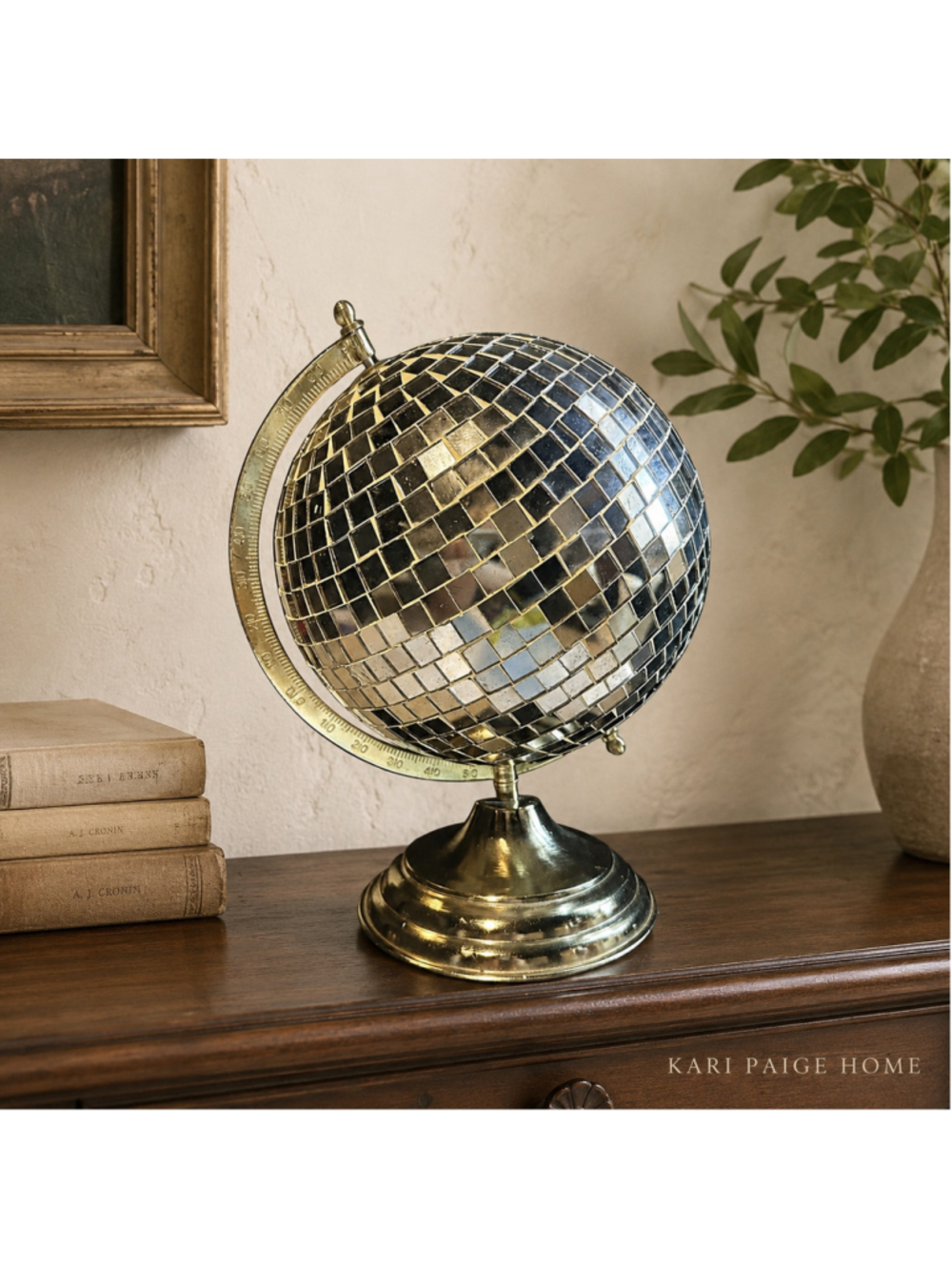 Vintage Mirrored Mosaic Globe on Brass-Tone Stand Disco Ball Home Décor
